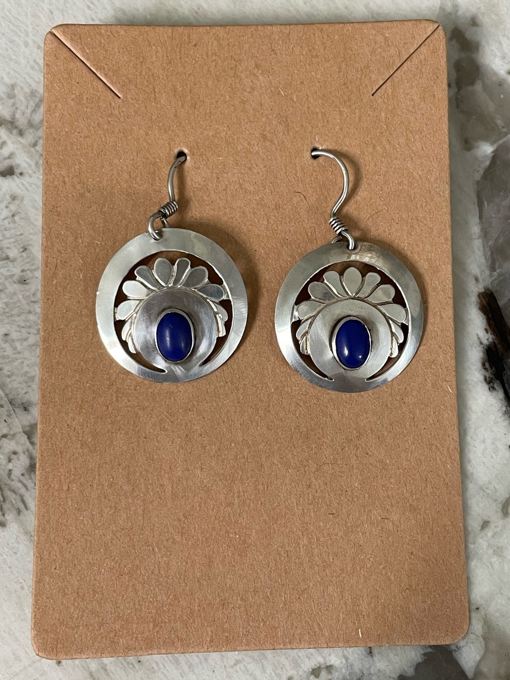Sterling Lapis Native American Sunburst Design 1.5” Drop Earrings